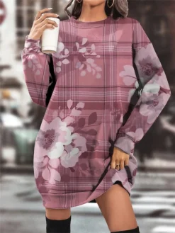 Women's Casual Dress Sweatshirt Dress Winter Dress Floral Plaid Pocket Print Crew Neck Mini Dress Fashion Streetwear Outdoor Daily Long Sleeve Loose Fit Pink Fall Winter S M L XL XXL