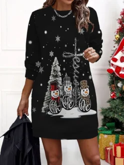Women‘s Christmas Casual Dress Sweatshirt Dress Mini Dress Warm Fashion Outdoor Holiday Crew Neck Print Geometric Snowman Loose Fit Black Yellow Wine S M L XL XXL -HANs Plus Size Style Shop dueybq1695175487998