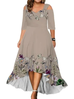Women‘s Plus Size Curve Party Dress Wedding Guest Dress Swing Dress Long Dress Maxi Dress Pink Blue Green 3/4 Length Sleeve Floral Cold Shoulder Summer Spring Fall V Neck Fashion Birthday -HANs Plus Size Style Shop dumcbr1690280939751
