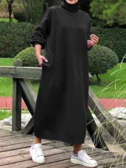 Women‘s Plus Size Curve Sweatshirt Dress Solid Color Stand Collar Long Sleeve Winter Fall Casual Classic Maxi Long Dress Daily Vacation Dress -HANs Plus Size Style Shop duwpnc1668235020134