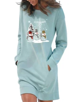 Women's Casual Dress Sweatshirt Dress Winter Dress Mini Dress Light Blue White Grey Long Sleeve Snowman Pocket Fall Winter Autumn Crew Neck Stylish Christmas Loose Fit 2023 S M L XL 2XL -HANs Plus Size Style Shop duzdyy1666927511937