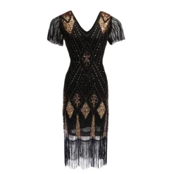 Women's Retro 1920s Fringe Dress Midi Dress Party Halloween Sequins Tassel Fringe Geometric V Neck Short Sleeve Regular Fit Spring Fall 2023 Black Light Red XS S M L -HANs Plus Size Style Shop dvebke1692611977246