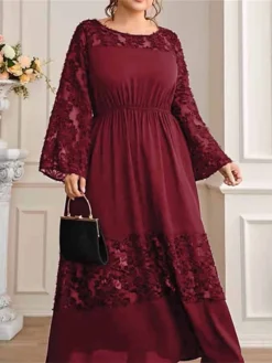 Women's Plus Size Prom Dress Party Dress Wedding Guest Dress Long Dress Maxi Dress Wine Long Sleeve Pure Color Ruched Fall Winter Autumn Crew Neck Fashion Winter Dress Wedding Guest Evening Party -HANs Plus Size Style Shop dvegxd1693207119241