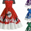 Women's Christmas Casual Dress Swing Dress Midi Dress Green Blue Purple Red Short Sleeve Elk Tree Lace Print Winter Fall Crew Neck Vacation Vintage 2022 S M L XL XXL 3XL