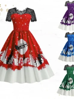 Women's Christmas Casual Dress Swing Dress Midi Dress Green Blue Purple Red Short Sleeve Elk Tree Lace Print Winter Fall Crew Neck Vacation Vintage 2022 S M L XL XXL 3XL