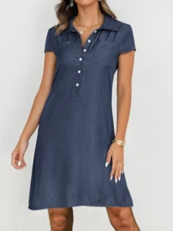 Women's Casual Dress Denim Shirt Dress Midi Dress Denim Classic Modern Outdoor Daily Vacation Shirt Collar Button Pocket Short Sleeve Spring Fall 2023 Loose Fit Black Navy Blue Blue Plain S M L XL 2XL -HANs Plus Size Style Shop dvvlsw1686030493815