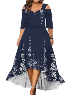 Women‘s Plus Size Curve Party Dress Wedding Guest Dress Swing Dress Long Dress Maxi Dress Black White Pink 3/4 Length Sleeve Floral Cold Shoulder Summer Spring Fall V Neck Fashion Birthday -HANs Plus Size Style Shop dvvqyj1690280961763