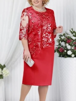 Women‘s Plus Size Curve Sheath Dress Floral Round Neck Lace Half Sleeve Fall Spring Work Vintage Prom Dress Knee Length Dress Party Daily Dress -HANs Plus Size Style Shop dvycos1622704238297