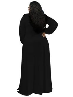 Women‘s Plus Size Curve Easter Dress V Neck Vacation Dress Solid Color Long Sleeve Winter Fall Stylish Casual Maxi Dress Holiday Date Dress Black Dress -HANs Plus Size Style Shop dwbfdc1639626497080