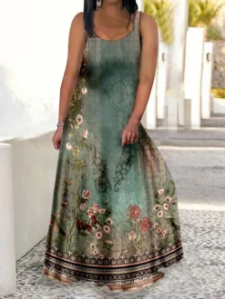 Women‘s Plus Size Curve Casual Dress Swing Dress Strap Dress Graphic Floral Long Dress Maxi Dress Sleeveless Print Strap Romantic Daily Blue Green Summer Spring L XL XXL 3XL 4XL