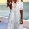Women's Casual Dress White Dress Summer Dress Color Block Lace Hollow Out V Neck Mini Dress Fashion Modern Outdoor Daily Short Sleeve Loose Fit White Summer Spring S M L XL XXL