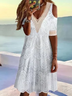 Women's Casual Dress White Dress Summer Dress Color Block Lace Hollow Out V Neck Mini Dress Fashion Modern Outdoor Daily Short Sleeve Loose Fit White Summer Spring S M L XL XXL