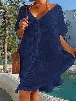 Women's Swimwear Cover Up Beach Dress Normal Swimsuit UV Protection Modest Swimwear Lace Up Knit Pure Color Black Dusty Blue Beige V Wire Bathing Suits New Vacationy / Modern -HANs Plus Size Style Shop dwhnkg1641960060103