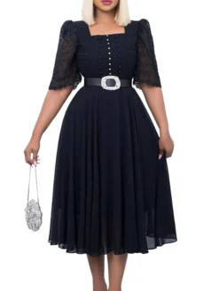 Women‘s Plus Size Curve Holiday Dress Solid Color Square Neck Ruched Half Sleeve Spring Fall Work Formal Midi Dress Holiday Vacation Dress -HANs Plus Size Style Shop dwjpie1659507361003