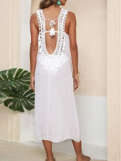 Women's Cover Up Beach Dress Beach Wear Midi Dress Backless Cut Out Basic Casual Plain V Neck Sleeveless Loose Fit Outdoor Daily Black White 2023 Spring Summer S M L XL -HANs Plus Size Style Shop dwlnhe1674988942906