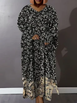 Women's Plus Size Curve Casual Dress Sweatshirt Dress Winter Dress Floral Geometric Long Dress Maxi Dress Long Sleeve Split Print V Neck Fashion Outdoor Black Pink Fall Winter L XL XXL 3XL 4XL -HANs Plus Size Style Shop dwpbif1693386640537