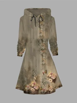 Women's Casual Dress Hoodie Dress Winter Dress Floral Pocket Print Hooded Mini Dress Fashion Streetwear Outdoor Daily Long Sleeve Loose Fit Blue Purple Brown Fall Winter S M L XL XXL