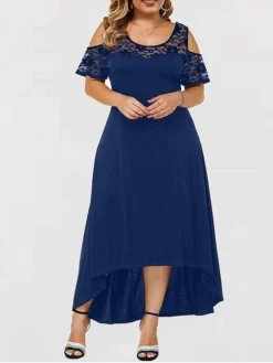 Women‘s Plus Size Curve Party Dress Lace Dress A Line Dress Solid Color Long Dress Maxi Dress Short Sleeve Lace Crew Neck Modern Party Black Red Spring Summer XL XXL 3XL 4XL 5XL