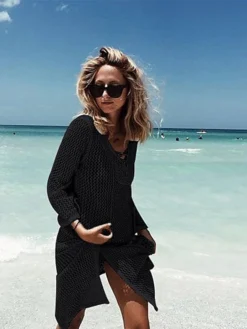Women's Swimwear Cover Up Beach Dress Normal Swimsuit Oversized Crochet Solid Color Lake Green Black Blue Bathing Suits New Basic Essential Casual / Vacation / Padless -HANs Plus Size Style Shop dwqztr1647245472347
