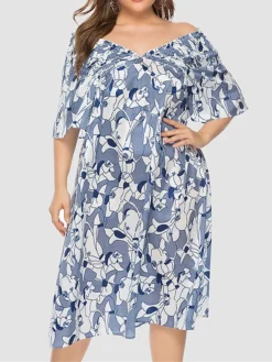 Women‘s Plus Size Curve Party Dress Shift Dress Semi Formal Dress Midi Dress Blue Short Sleeve Floral Ruffle Summer Spring Fall V Neck Fashion Wedding Guest Vacation Summer Dress 2023