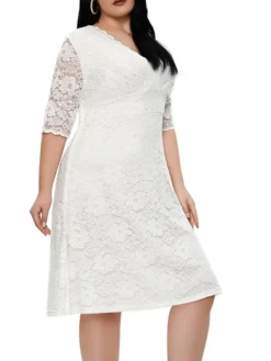Women‘s Plus Size Curve Party Dress Lace Dress White Dress Solid Color Midi Dress Half Sleeve Lace V Neck Fashion Party White Red Summer Spring XL XXL 3XL 4XL 5XL -HANs Plus Size Style Shop dwxztq1681204548496