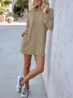 Women's Casual Dress Hoodie Dress Plain Dress Mini Dress Pocket Ripped Outdoor Daily Going Out Active Fashion Hooded Long Sleeve 2023 Loose Fit Pink Khaki Army Green Color S M L XL Size -HANs Plus Size Style Shop dxhefv1694487270344