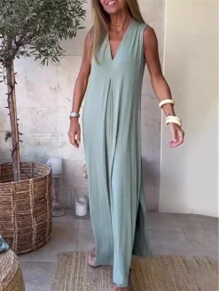 Women's Long Dress Maxi Dress Casual Dress White Dress Tank Dress Plain Fashion Basic Outdoor Daily Holiday Split Sleeveless V Neck Dress Regular Fit Black White Navy Blue Summer Spring S M L XL XXL -HANs Plus Size Style Shop dxkiil1681108224582