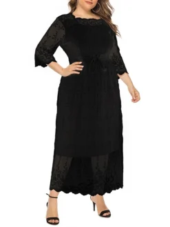 Women‘s Plus Size Curve Prom Dress Party Dress Lace Dress Long Dress Maxi Dress Black 3/4 Length Sleeve Pure Color Lace Summer Spring Fall Square Neck Fashion Winter Dress Birthday Evening -HANs Plus Size Style Shop dxlfbg1691399448299