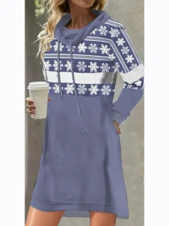 Women's Casual Dress Print Dress Spring Dress Floral Pocket Print Hooded Mini Dress Fashion Streetwear Outdoor Daily Long Sleeve Loose Fit Blue Green Light Blue Spring Fall S M L XL XXL -HANs Plus Size Style Shop dxrqzv1692011527504