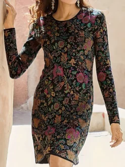 Women's Casual Dress Winter Dress Sweatshirt Dress Floral Print Crew Neck Mini Dress Fashion Streetwear Outdoor Daily Long Sleeve Loose Fit Red Royal Blue Blue Fall Winter S M L XL XXL