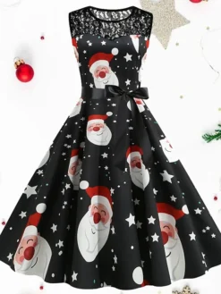 Women's Christmas Party Dress Lace Dress Midi Dress Black Sleeveless Santa Claus Print Hat Lace Ruched Bow Winter Fall Crew Neck Vintage Party 2022 S M L XL 2XL