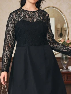 Women's Plus Size Curve Party Dress Lace Dress Black Dress Plain Midi Dress Long Sleeve Lace Crew Neck Fashion Party Black Fall Winter L XL XXL 3XL 4XL -HANs Plus Size Style Shop dyckov1694151478225