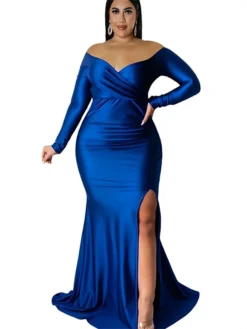 Women‘s Plus Size Curve Party Dress Sheath Dress Swing Dress Solid Color Long Dress Maxi Dress Long Sleeve Split Off Shoulder Fashion Party Black White Winter Fall L XL 3XL 4XL -HANs Plus Size Style Shop dypqvn1672800963526