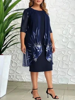 Women‘s Plus Size Curve Work Dress Shift Dress Graphic Midi Dress Half Sleeve Print Crew Neck Elegant Daily Wine Blue Spring Fall L XL XXL 3XL 4XL -HANs Plus Size Style Shop dypuuw1672905038904