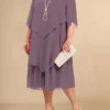 Women's Plus Size Curve Party Dress Work Dress Wedding Guest Dress Midi Dress Light Purple Half Sleeve Pure Color Layered Spring Fall Winter Crew Neck Fashion Winter Dress Evening Party Wedding Guest