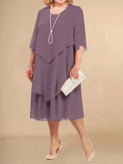 Women's Plus Size Curve Party Dress Work Dress Wedding Guest Dress Midi Dress Light Purple Half Sleeve Pure Color Layered Spring Fall Winter Crew Neck Fashion Winter Dress Evening Party Wedding Guest