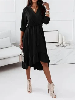 Women‘s Curve Sheath Dress Knee Length Dress Green Black Pink Light Blue Long Sleeve Solid Color Lace Up Ruffle Plus High Low Fall Spring V Neck Elegant Vintage Party Loose 2023 S M L XL XXL 3XL -HANs Plus Size Style Shop dyttxu1635330867788