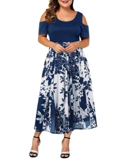 Women‘s Plus Size Curve Casual Dress Skater Dress A Line Dress Floral Long Dress Maxi Dress Short Sleeve Hollow Out Print Crew Neck Fashion Outdoor Black Wine Summer Spring L XL XXL 3XL 4XL -HANs Plus Size Style Shop dzoyjp1678257280548