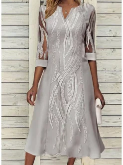 Women's Party Dress Work Dress Formal Dress Midi Dress Gray 3/4 Length Sleeve Floral Summer Spring V Neck Stylish Wedding Guest Fall Dress 2023 S M L XL XXL 3XL