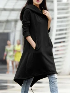 Women's Casual Dress Hoodie Dress Winter Dress Midi Dress Pocket Outdoor Street Daily Fashion Streetwear Hooded Long Sleeve 2023 Loose Fit Black Army Green Gray Color S M L XL XXL Size -HANs Plus Size Style Shop eajudi1694510147486
