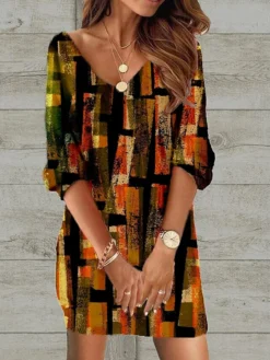 Women's Casual Dress Ethnic Dress Shift Dress Mini Dress Black Wine Red 3/4 Length Sleeve Floral Print Spring Fall Winter V Neck Fashion Loose Fit 2023 S M L XL XXL 3XL 4XL 5XL -HANs Plus Size Style Shop eaquag1671420167745