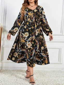 Women's Plus Size Curve Party Dress Wedding Guest Dress Black Dress Midi Dress Black Long Sleeve Flower With Belt Spring Fall Winter V Neck Fashion Winter Dress Evening Party Wedding Guest XL XXL 3XL