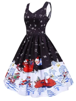 Women's Christmas Knee Length Dress Purple Black Red Navy Blue Light Blue Sleeveless Print Bow Print Fall Winter V Neck Casual Vintage2021 S M L XL XXL -HANs Plus Size Style Shop ebxlmb1630043269389