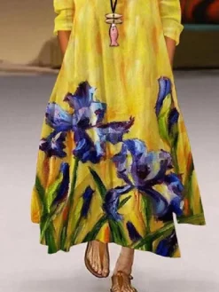 Women's Plus Size Curve Casual Dress Swing Dress Print Maxi Long Dress Long Sleeve Layered Asymmetric Crew Neck Vintage Daily Light Blue Blue Spring Fall L XL XXL XXXL 4XL -HANs Plus Size Style Shop ecllms1648865669255