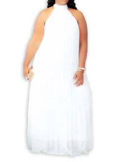 Women's Plus Size Curve Shift Dress Solid Color Halter Neck Ruched Sleeveless Spring Summer Basic Maxi Long Dress Casual Daily Dress -HANs Plus Size Style Shop ecswpm1654676762632