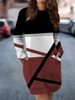 Women's Casual Dress Sweatshirt Dress Mini Dress Warm Fashion Outdoor Vacation Going Out Crew Neck Pocket Print Geometric Loose Fit Wine Blue Green S M L XL XXL