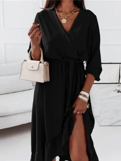 Women‘s Curve Sheath Dress Knee Length Dress Green Black Pink Light Blue Long Sleeve Solid Color Lace Up Ruffle Plus High Low Fall Spring V Neck Elegant Vintage Party Loose 2023 S M L XL XXL 3XL