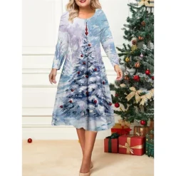 Women's Christmas Plus Size Curve Casual Dress Skater Dress A Line Dress Snowman Christmas Tree Midi Dress Long Sleeve Print Crew Neck Fashion Outdoor White Royal Blue Fall Winter L XL XXL 3XL 4XL -HANs Plus Size Style Shop ecwdpw1695641828829