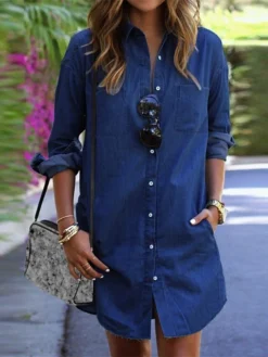 Women's Denim Dress Shirt Dress Shift Dress Mini Dress Outdoor Winter Dress Daily Cotton Denim Casual Shirt Collar Button Pocket Long Sleeve Summer Spring Fall 2023 Regular Fit Black Army Green Dark