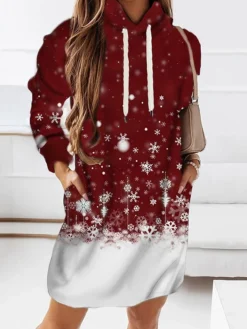 Women's Christmas Hoodie Dress Shift Dress Mini Dress Green Blue Purple Long Sleeve Snowflake Print Winter Fall Autumn Hooded Fashion Daily Date 2022 S M L XL XXL 3XL